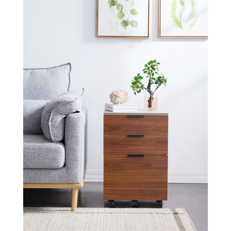 Pemberly Row 3-Drawer Rolling File Cabinet with Locking Wheels in Brown/Gray