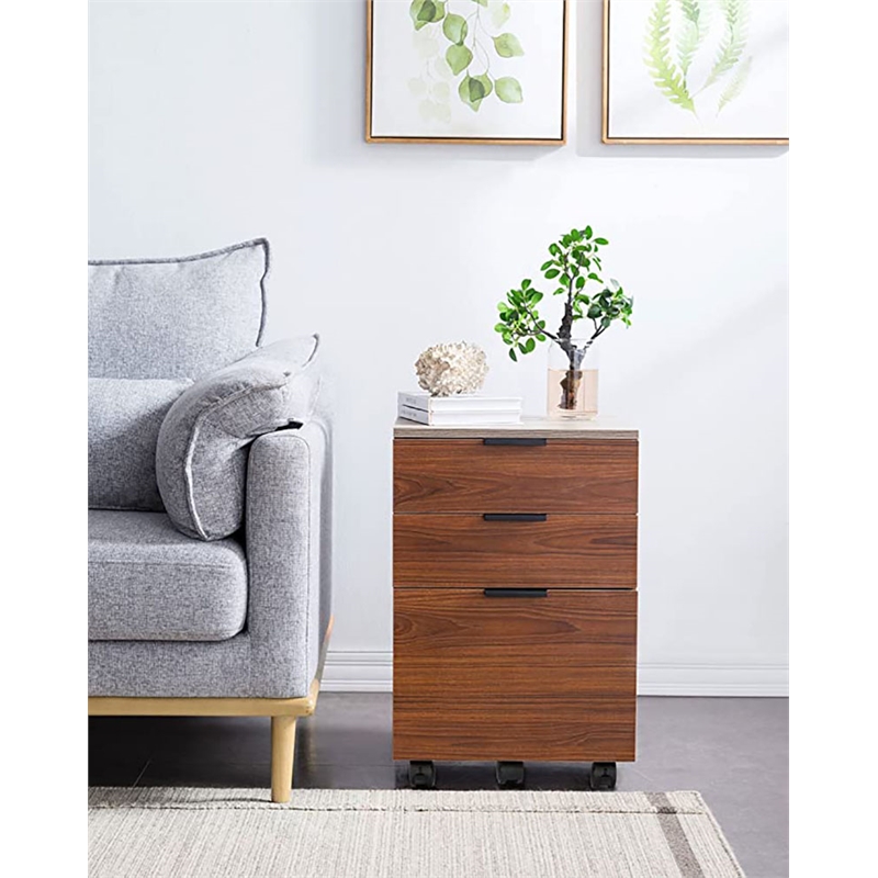 Pemberly Row 3-Drawer Rolling File Cabinet with Locking Wheels in Brown/Gray