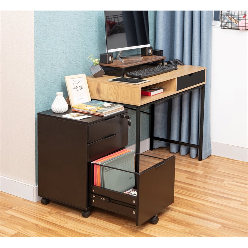 Pemberly Row 3-Drawer Modern Wood Rolling File Cabinet with Lock in Black