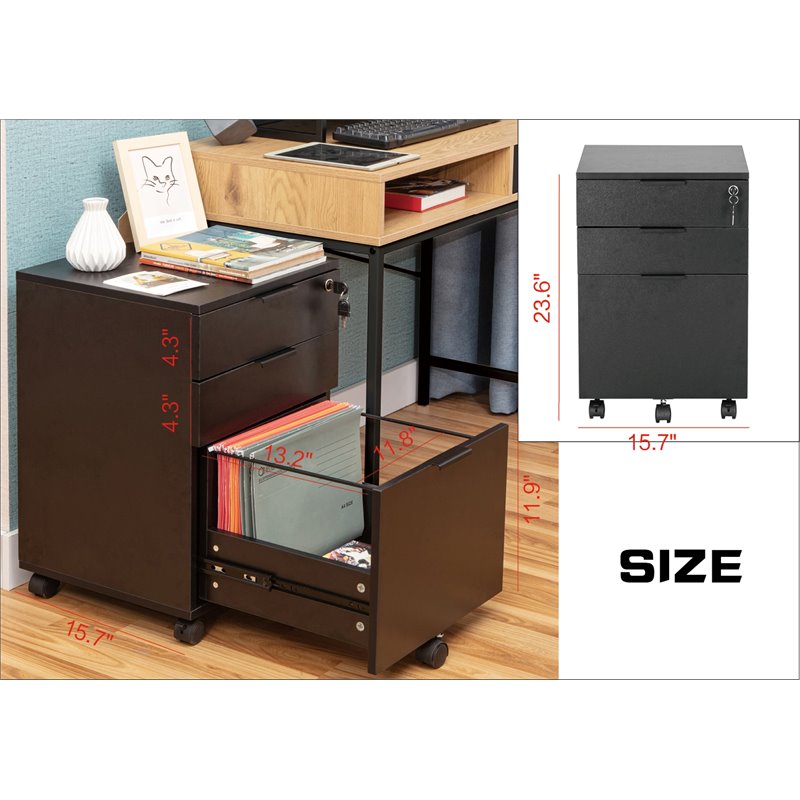 Pemberly Row 3-Drawer Modern Wood Rolling File Cabinet with Lock in Black