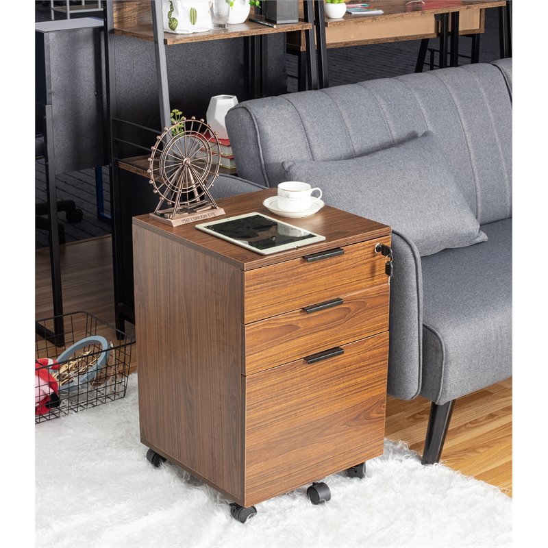 Pemberly Row 3-Drawer Modern Wood Rolling File Cabinet with Lock in Brown