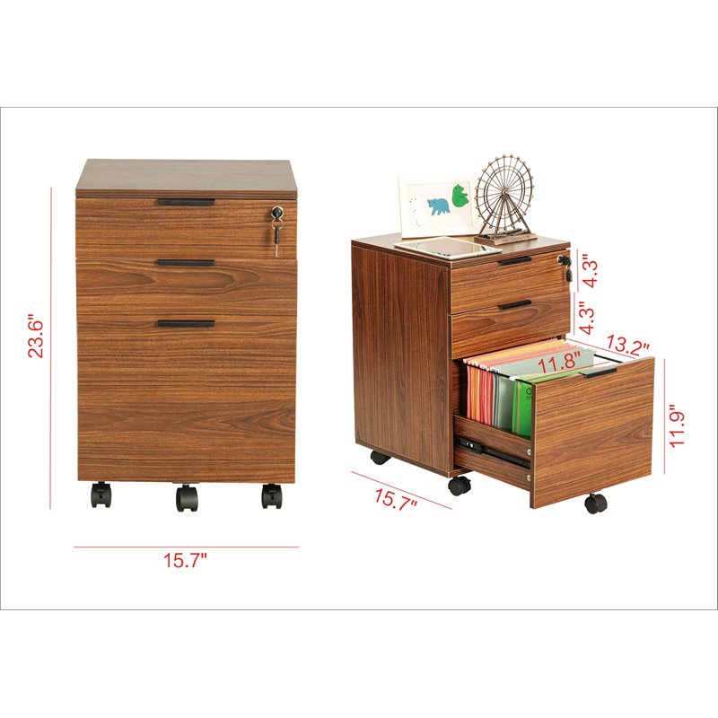 Pemberly Row 3-Drawer Modern Wood Rolling File Cabinet with Lock in Brown