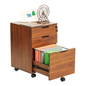 Pemberly Row 3-Drawer Modern Wood Rolling File Cabinet with Lock in Brown