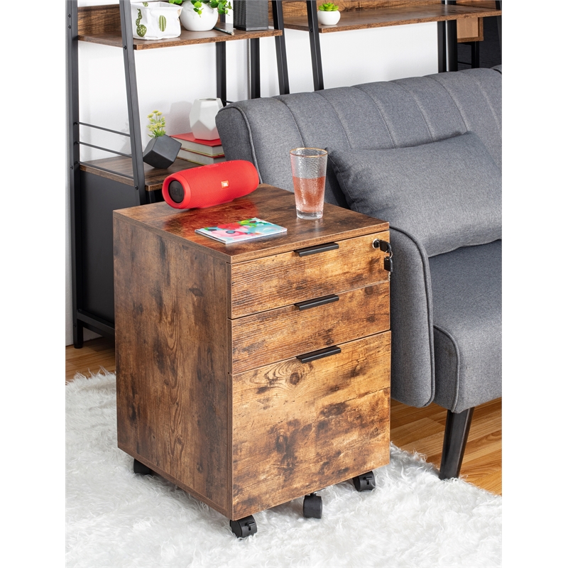 Pemberly Row 3-Drawer Engineered Wood Rolling File Cabinet with Lock in Brown