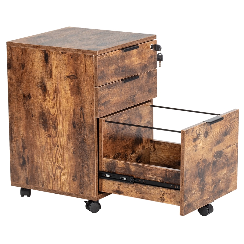 Pemberly Row 3-Drawer Engineered Wood Rolling File Cabinet with Lock in Brown