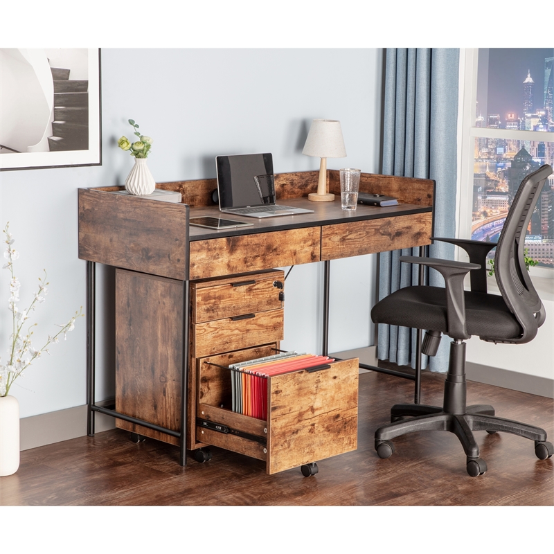 Pemberly Row 3-Drawer Engineered Wood Rolling File Cabinet with Lock in Brown