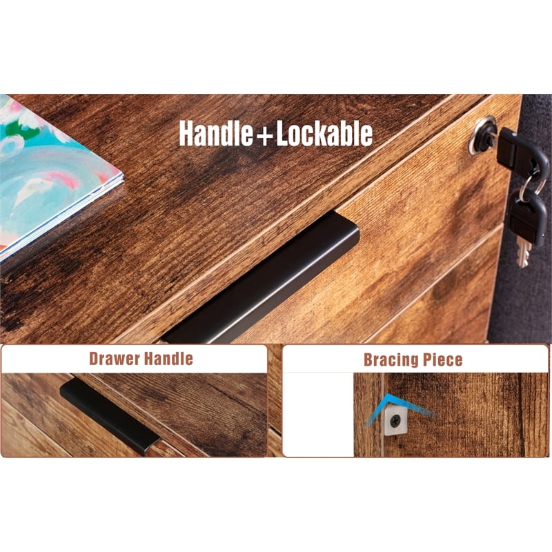 Pemberly Row 3-Drawer Engineered Wood Rolling File Cabinet with Lock in Brown