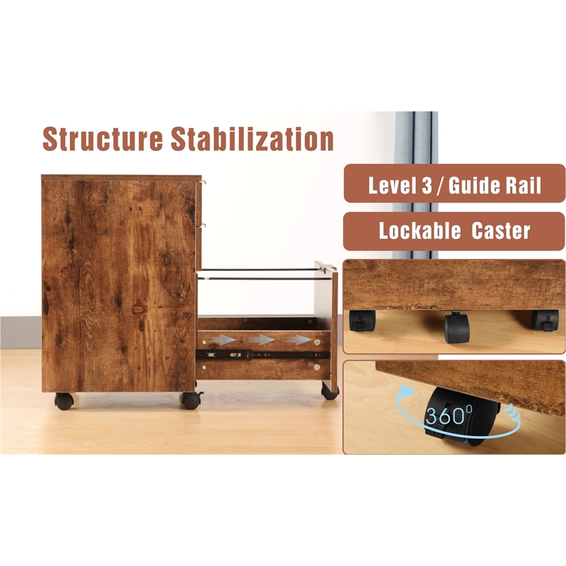 Pemberly Row 3-Drawer Engineered Wood Rolling File Cabinet with Lock in Brown