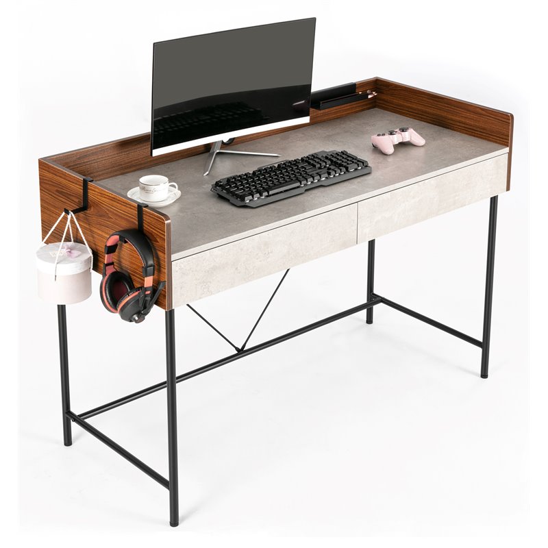 Pemberly Row Computer/Study Writing Desk with Drawers in Walnut/Cement