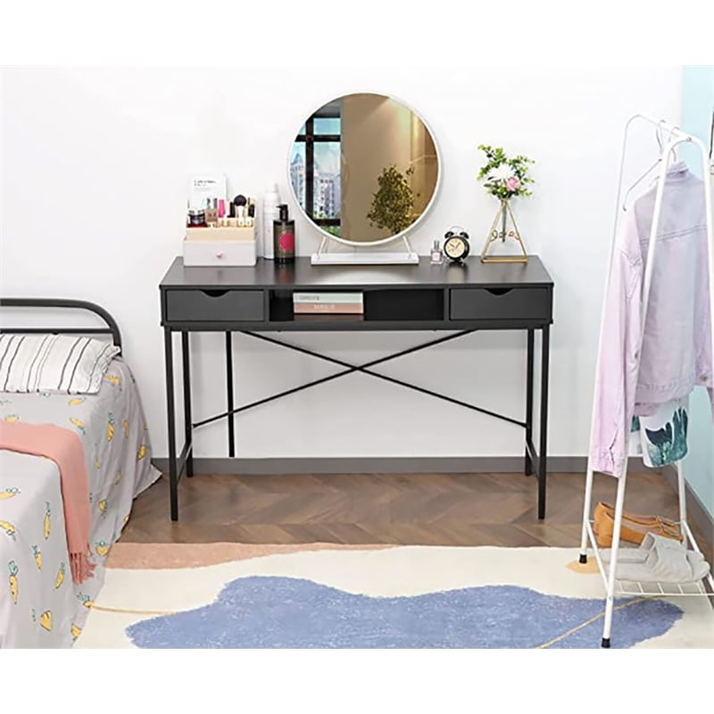 Pemberly Row Wood & Metal Writing/Computer Desk with Drawers in Black