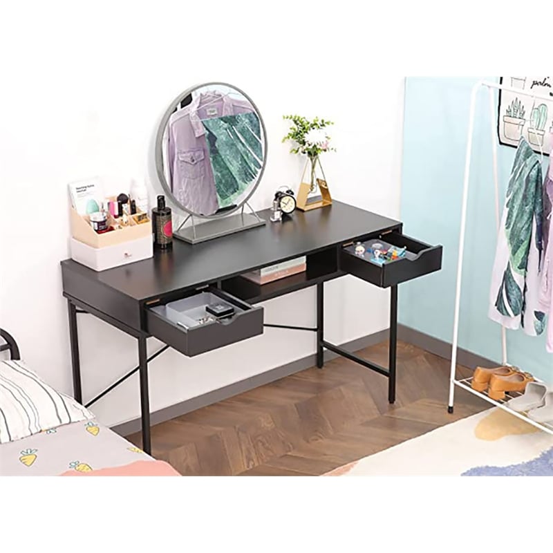 Pemberly Row Wood & Metal Writing/Computer Desk with Drawers in Black