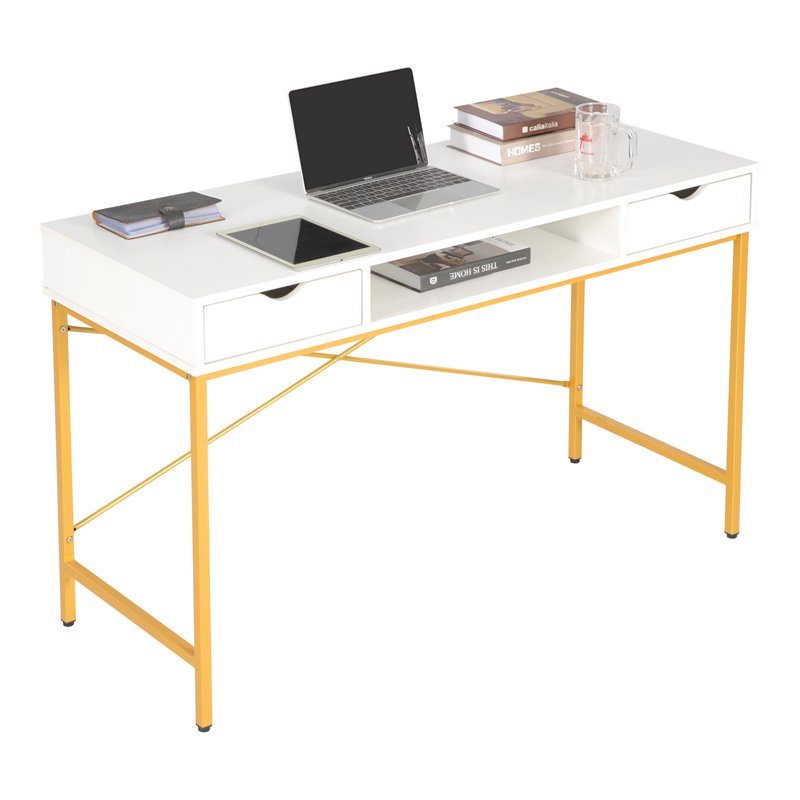 Pemberly Row Wood & Metal Writing/Computer Desk with Drawers in White/Golden