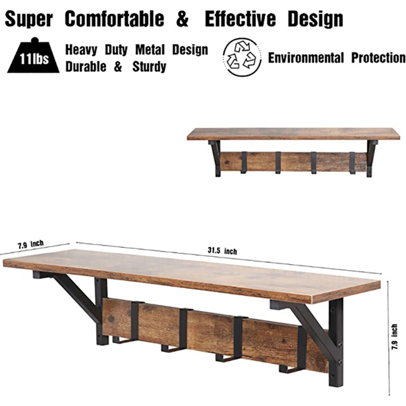 Pemberly Row Floating Shelf with Coat Hooks Key Holder in Brown (Set of 3)