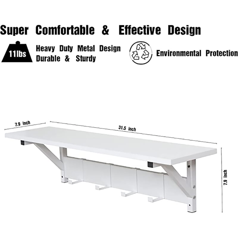 Pemberly Row Wood/Floating Shelf with Coat Hooks Key Holder in White (Set of 2)