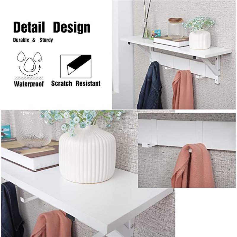 Pemberly Row Wood/Metal Floating Shelf with Coat Hooks Key Holder in White