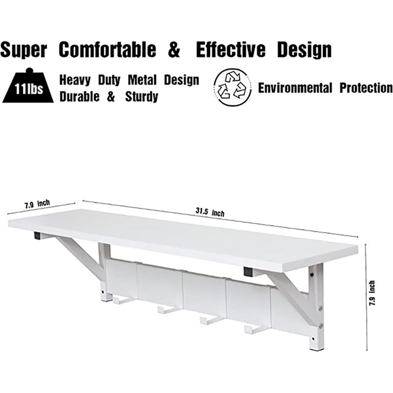 Pemberly Row Wood/Metal Floating Shelf with Coat Hooks Key Holder in White