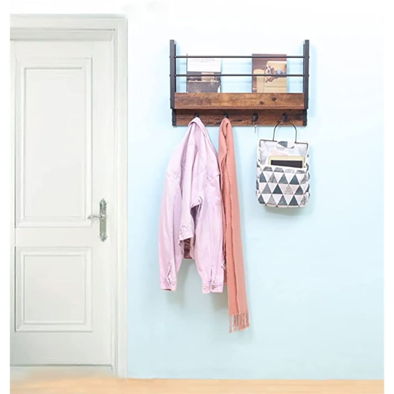 Pemberly Row Floating Book Shelf w/ Coat Hooks Key Holder in Brown (Set of 3)