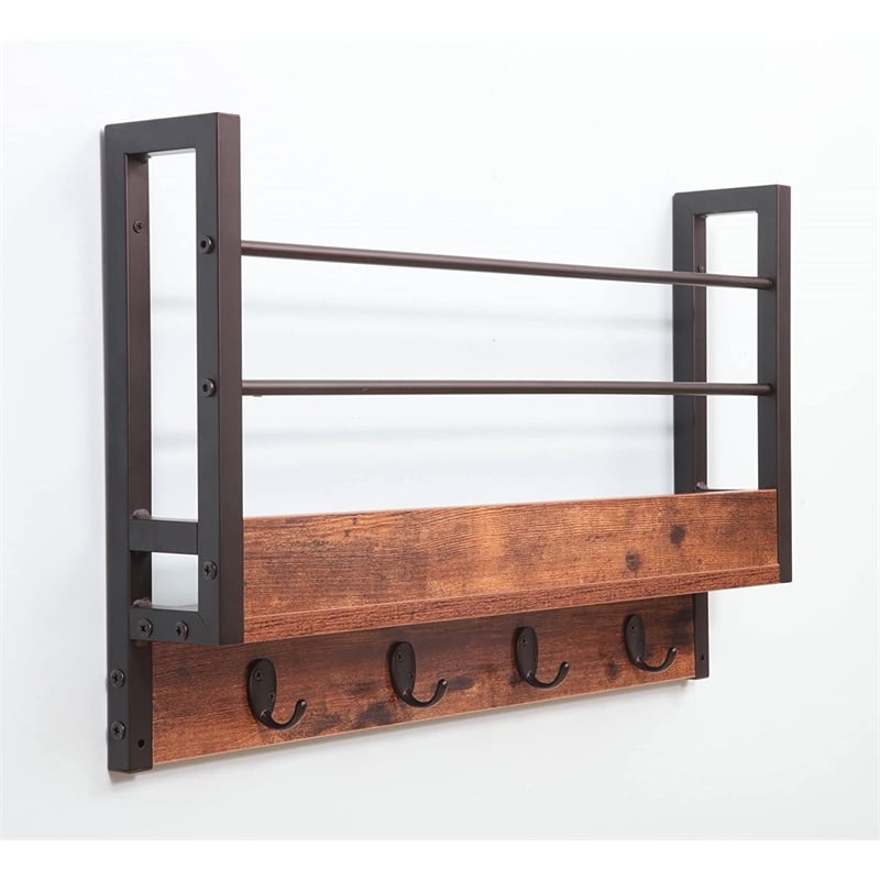 Pemberly Row Floating Book Shelf w/ Coat Hooks Key Holder in Brown (Set of 3)