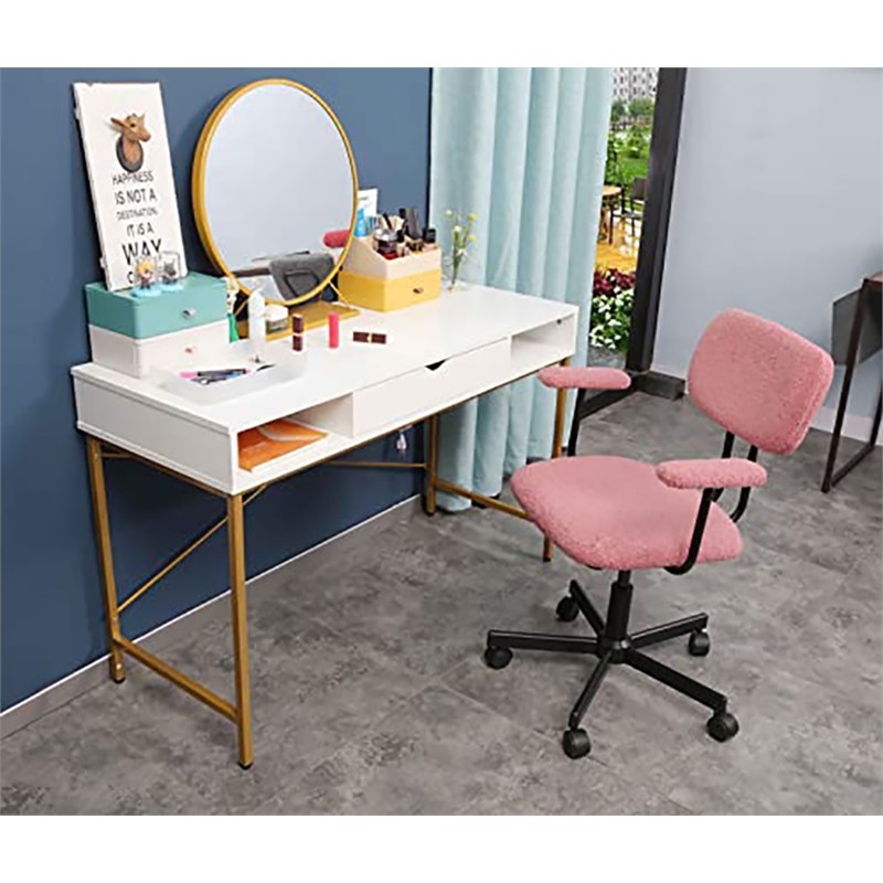 Pemberly Row Writing Desk w/ Drawer USB Ports Charging Station in White/Golden