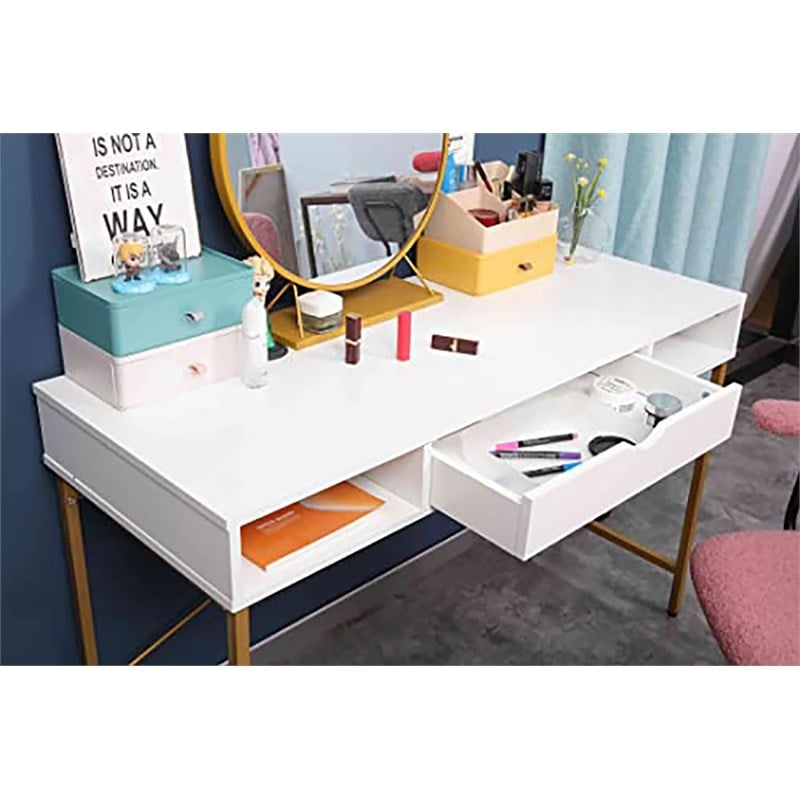 Pemberly Row Writing Desk w/ Drawer USB Ports Charging Station in White/Golden