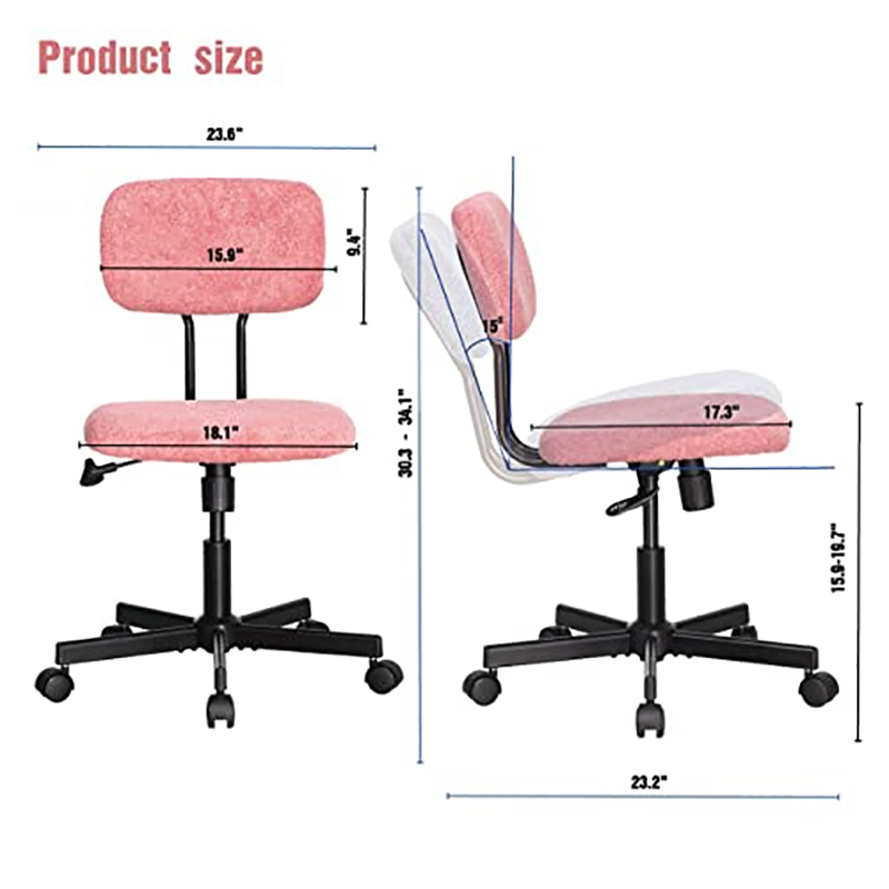 Pemberly Row Low Back Velvet Fabric Armless Home Office Computer Chair in Pink