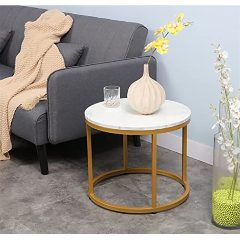 Pemberly Row Round Wood/Metal Nesting Coffee Table in Gold/Marble (Set of 2)