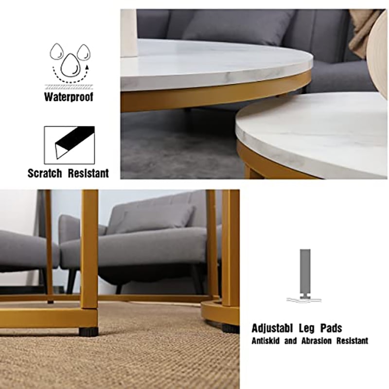 Pemberly Row Round Wood/Metal Nesting Coffee Table in Gold/Marble (Set of 2)