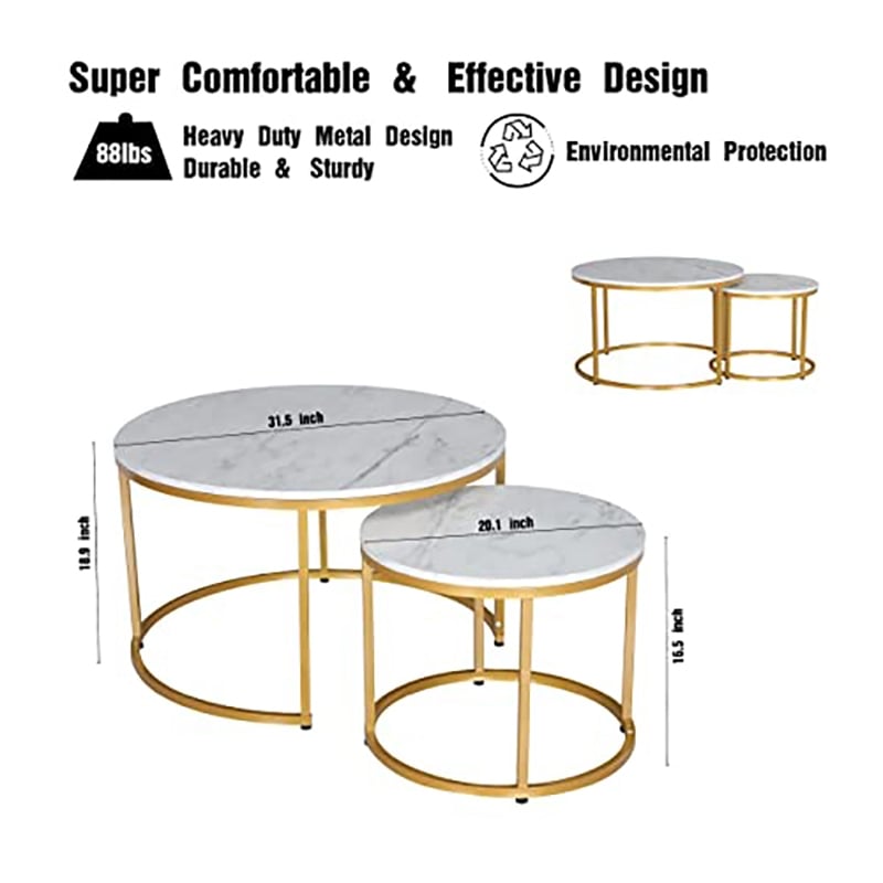 Pemberly Row Round Wood/Metal Nesting Coffee Table in Gold/Marble (Set of 2)