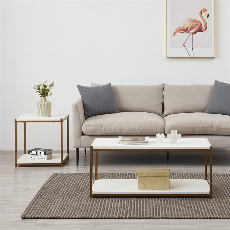 Pemberly Row Tall Wood/Center Coffee Table with Storage Shelf in White/Gold