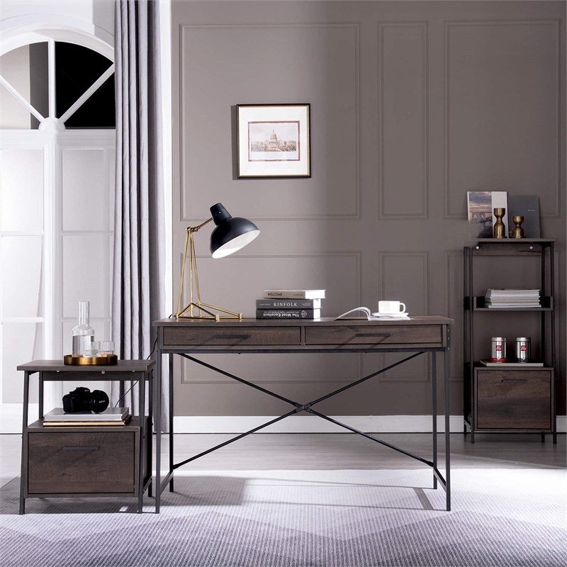 Pemberly Row L-Shaped Wood Home Office Computer Corner Desk in Smoky Oak