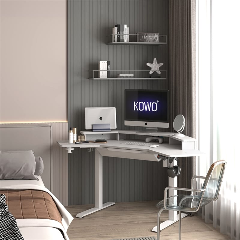 Pemberly Row Corner Electric Height Adjustable Wood Standing Desk in White