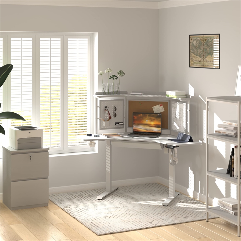 Pemberly Row Corner Electric Height Adjustable Wood Standing Desk in White