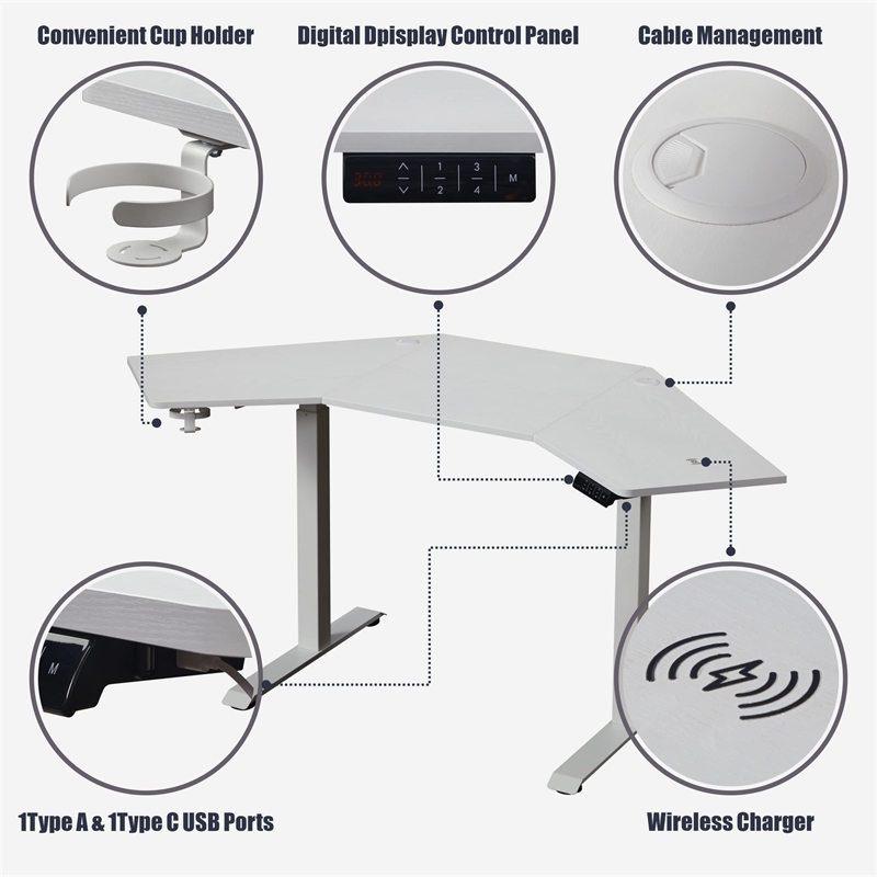 Pemberly Row Corner Electric Height Adjustable Wood Standing Desk in White