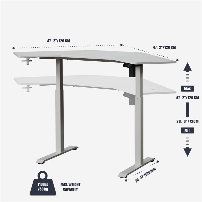 Pemberly Row Corner Electric Height Adjustable Wood Standing Desk in White