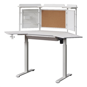 Pemberly Row Corner Electric Standing Desk with Back Board and Drawer in White