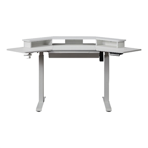 Pemberly Row Corner Electric Wood Standing Desk with Hutch and Drawer in White