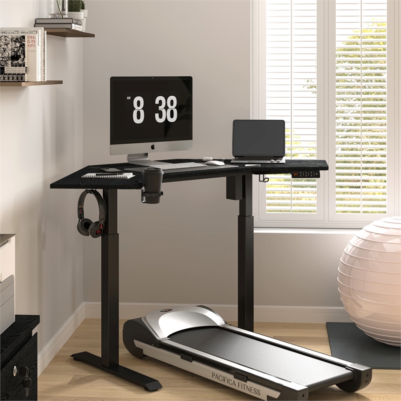 Pemberly Row Corner Electric Height Adjustable Wood Standing Desk in Black