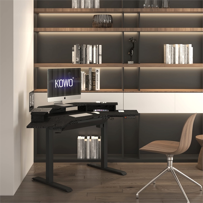 Pemberly Row Corner Electric Height Adjustable Wood Standing Desk in Black