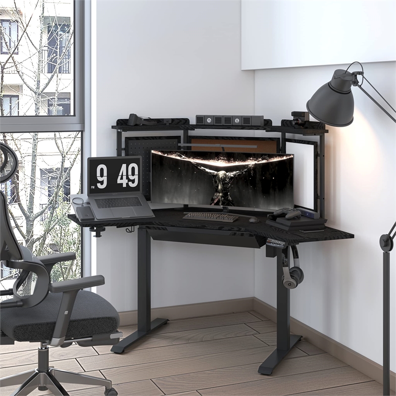 Pemberly Row Corner Electric Height Adjustable Wood Standing Desk in Black