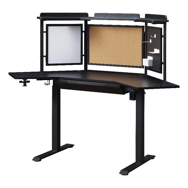 Pemberly Row Corner Electric Standing Desk with Back Board and Drawer in Black