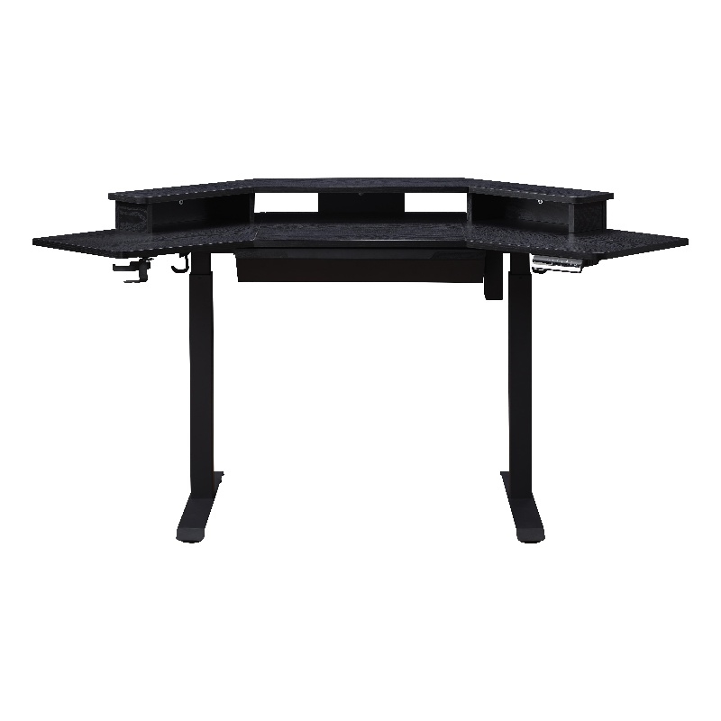 Pemberly Row Corner Electric Wood Standing Desk with Hutch and Drawer in Black