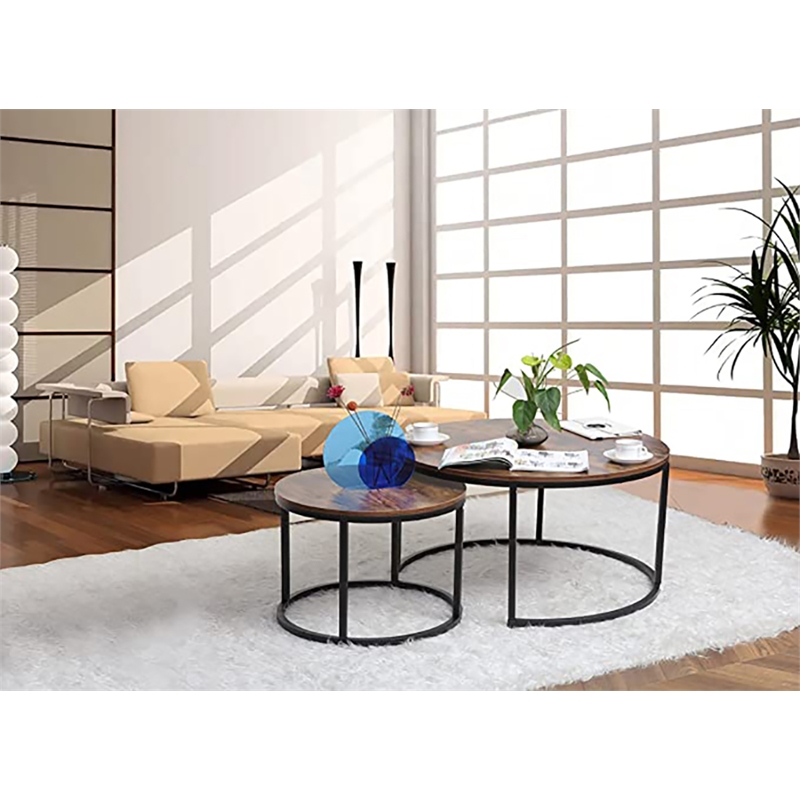Pemberly Row Round Wood/Metal Nesting Coffee Table in Rustic Brown (Set of 2)
