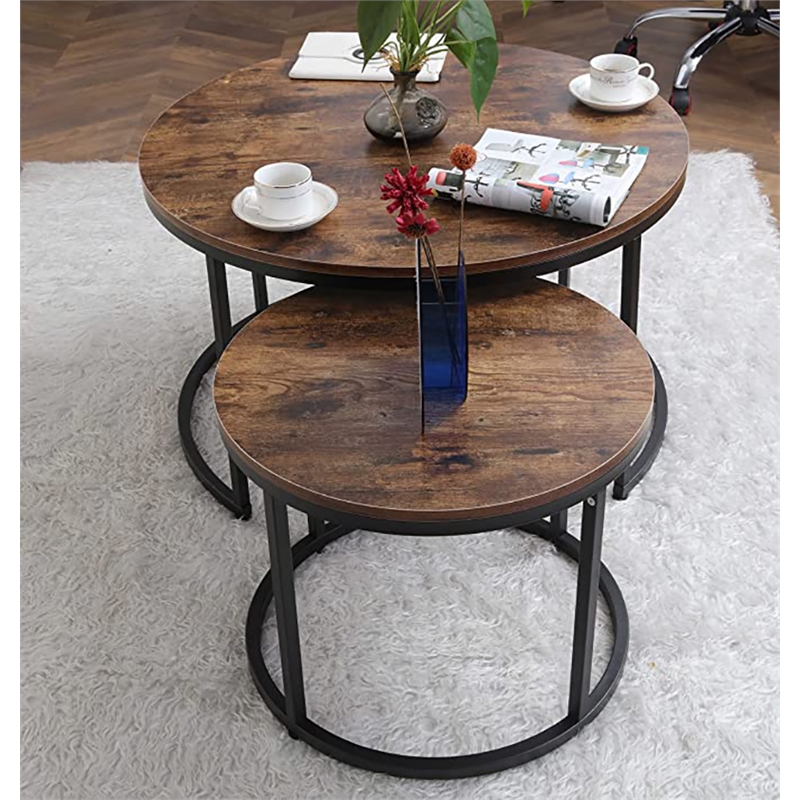 Pemberly Row Round Wood/Metal Nesting Coffee Table in Rustic Brown (Set of 2)