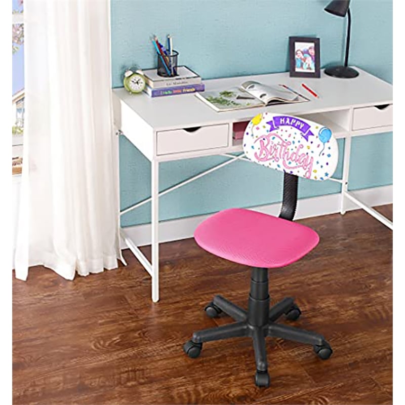 Pemberly Row Low-Back Adjustable Plastic Rolling Drawing Desk Chair in Pink