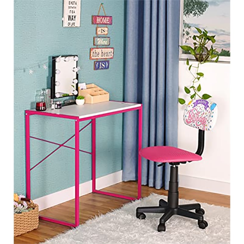 Pemberly Row Low-Back Adjustable Plastic Rolling Drawing Desk Chair in Pink