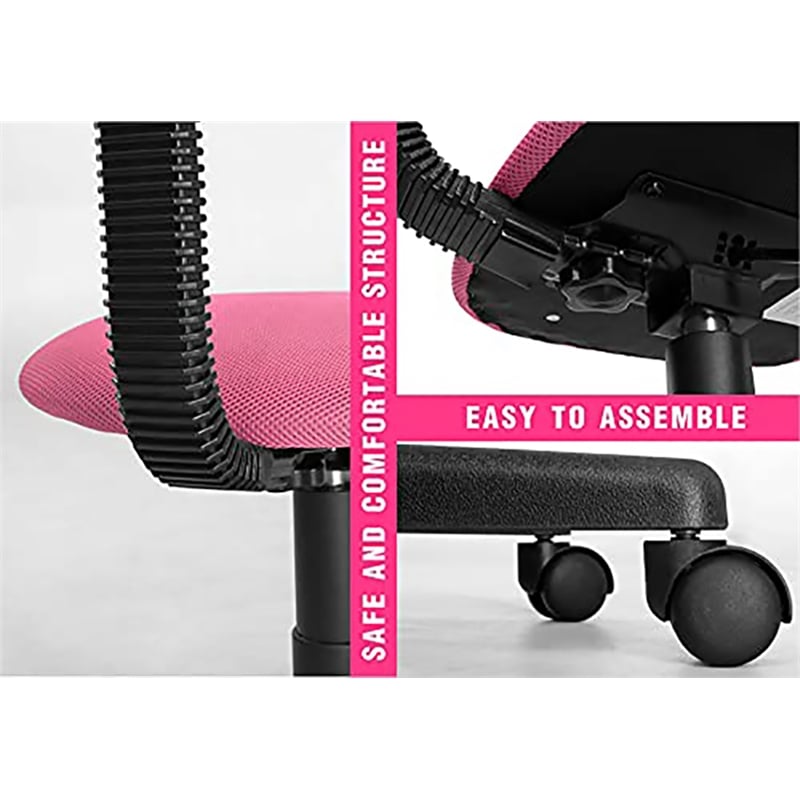Pemberly Row Low-Back Adjustable Plastic Rolling Drawing Desk Chair in Pink
