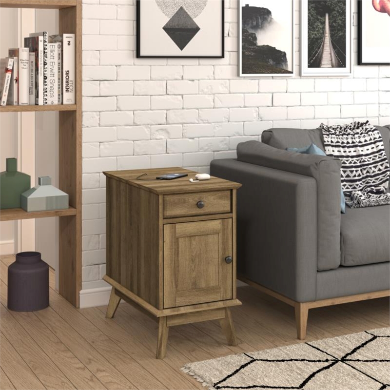 Pemberly Row Wood Storage End Table with Drawer and Cabinet in Golden Oak
