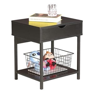 Pemberly Row Wood Side End Table with Drawer and Storage Shelves in Black