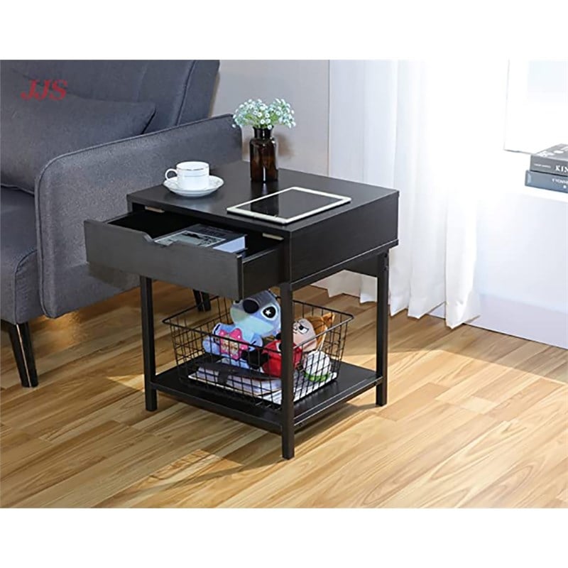 Pemberly Row Wood Side End Table with Drawer and Storage Shelves in Black