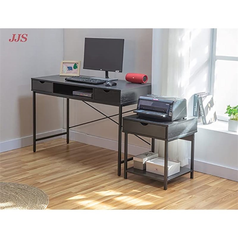 Pemberly Row Wood Side End Table with Drawer and Storage Shelves in Black